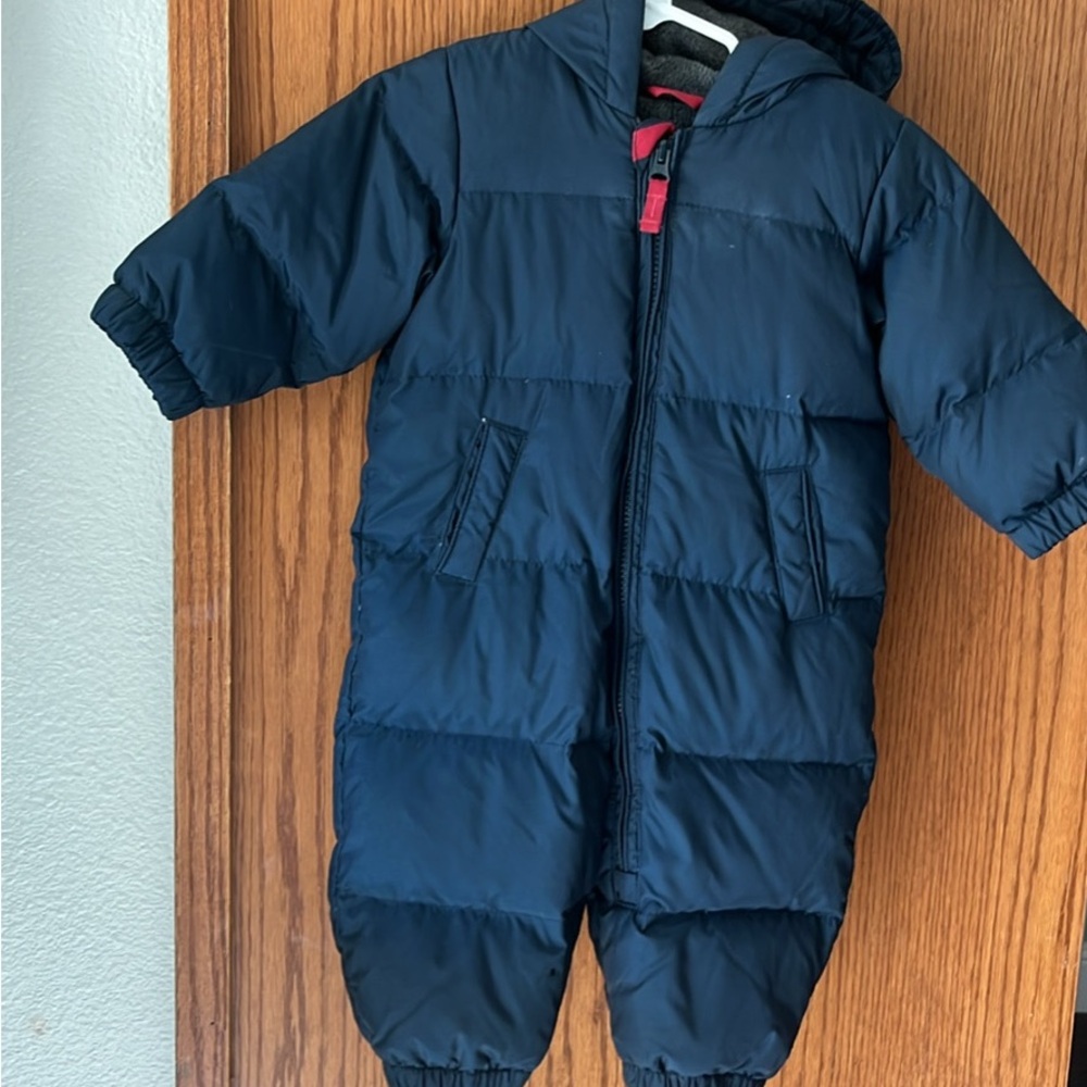 GAP Navy Blue Puffer One-Piece Snowsuit with Red Zipper Accent